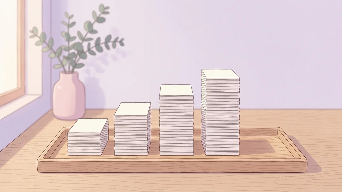 木の盆の上で、たくさんの白いカードが高さの違う四つの山に分けて積まれている
