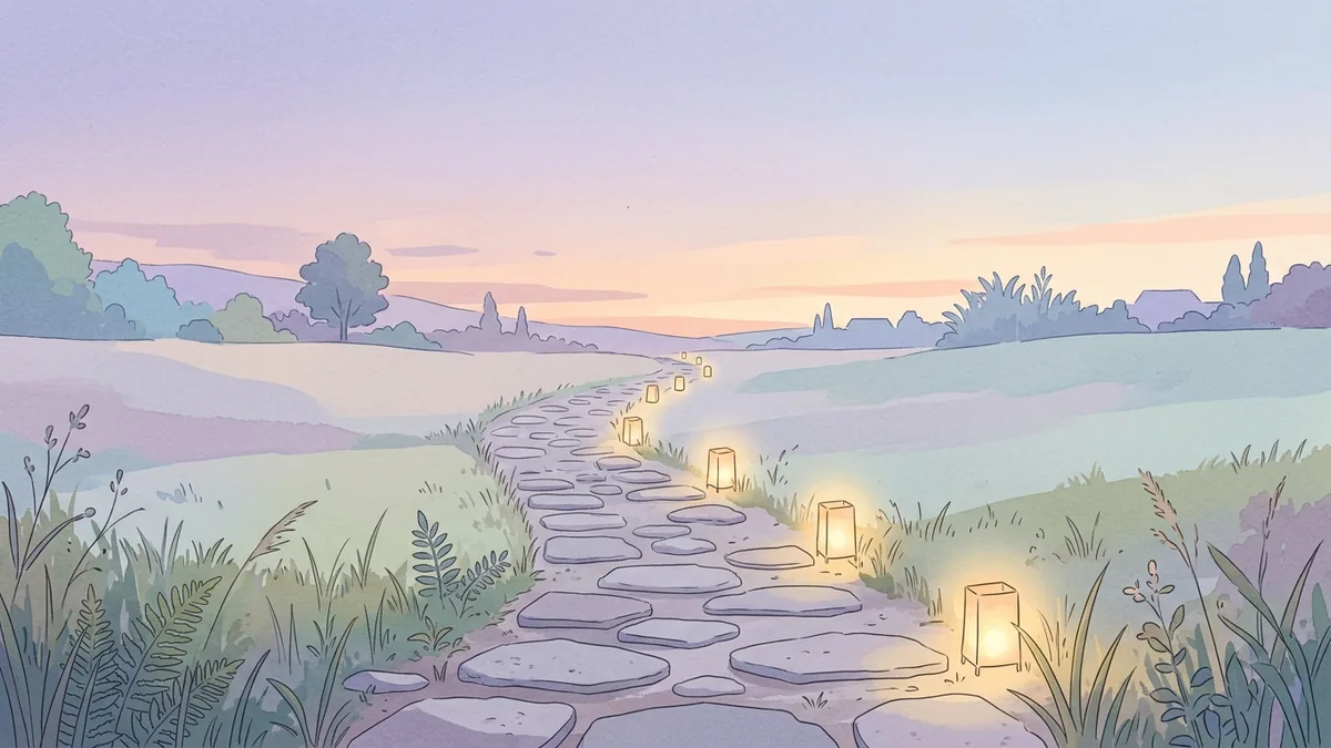 夕暮れの石畳の道に、小さなあかりがいくつも並んで、先のほうまでやわらかく照らしている