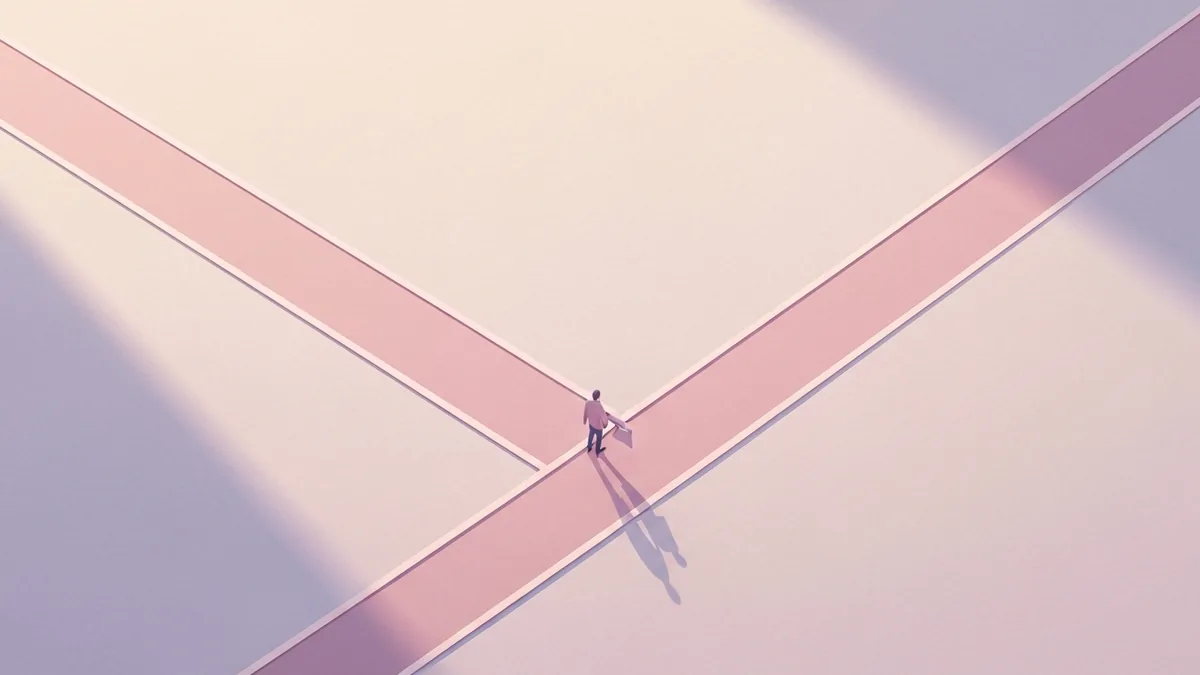 一つの地点から左右反対の向きへ細い道がのび、その分かれ目に人がひとり立っている