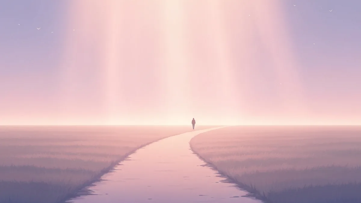 朝の光の中、遠くまで続く一本道を人がひとり歩いている