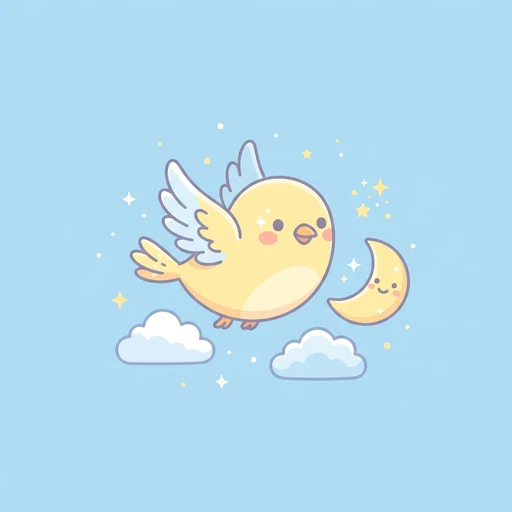 夢占いの空を飛ぶ夢のイメージイラスト(雲の間を飛ぶかわいい小鳥と三日月)