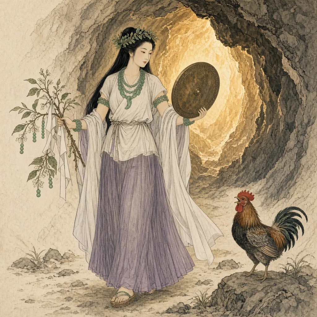金色の光があふれる天の岩戸の前に立ち、玉と白い布をかけた榊の枝と銅の鏡を手にする天照大御神。足もとには鶏がいる