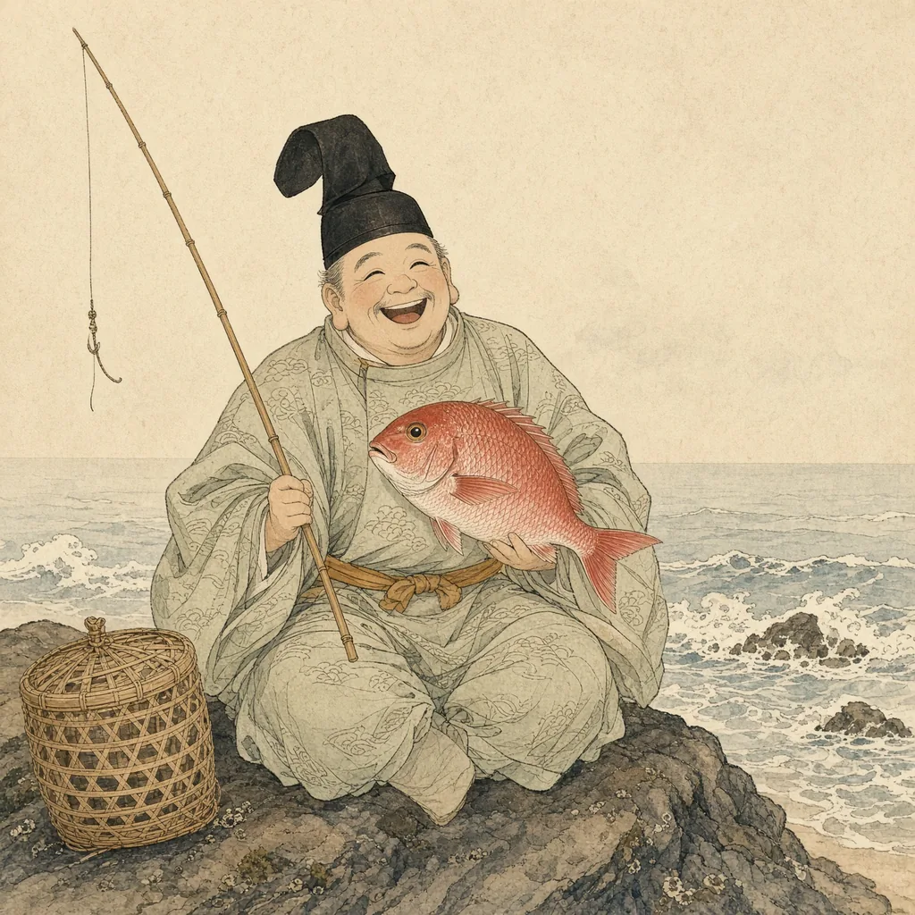 海辺の岩に腰かけ、釣竿を手に鯛を抱えて笑う恵比寿。高い風折烏帽子をかぶり、かたわらに竹の魚籠がある