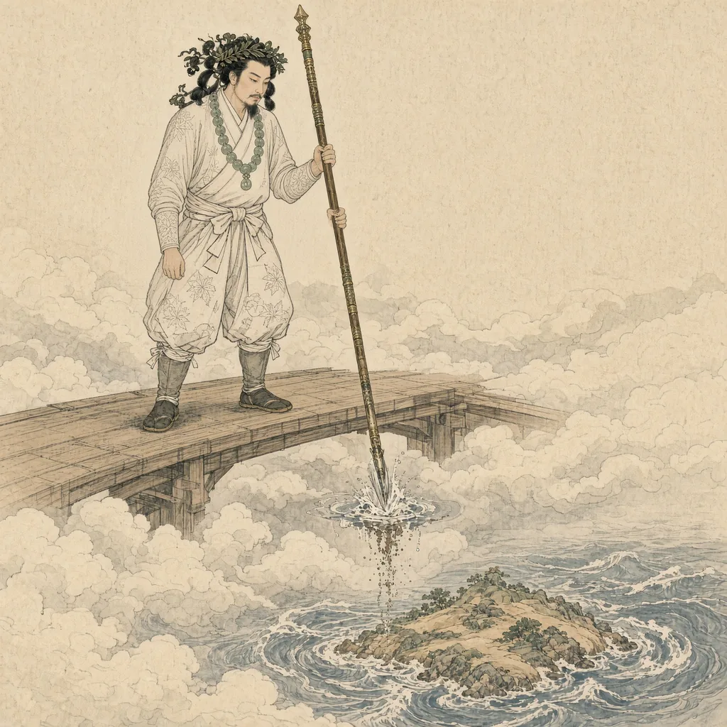 雲の上の天の浮橋に立ち、天の沼矛を海へさし下ろす伊邪那岐命。矛の先からしたたる潮が積もって島になっていく
