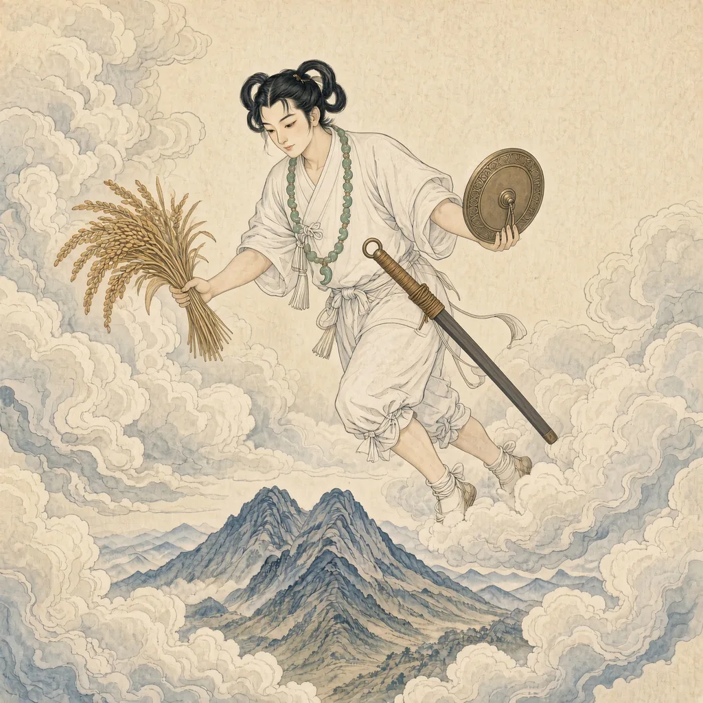 雲を分けて2つの峰が並ぶ山へ降りていく邇邇芸命。右手に稲穂の束、左手に紐を通した丸い銅鏡を持ち、胸に緑の勾玉を垂らして、腰にまっすぐな剣を佩いている