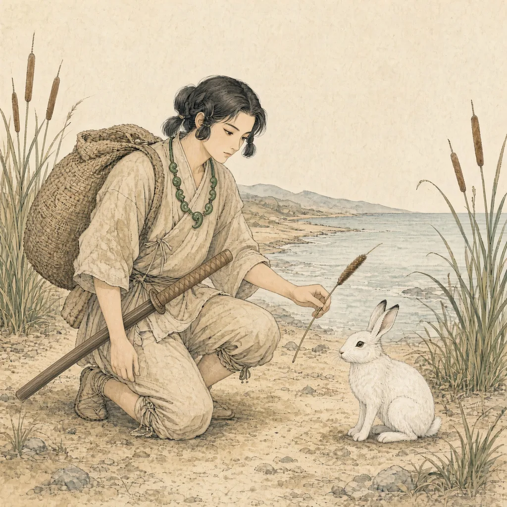 河口の浜で大きな麻袋を背負ったままひざまずき、白い兎に蒲の穂を差し出す大国主神。まわりに蒲が茂っている