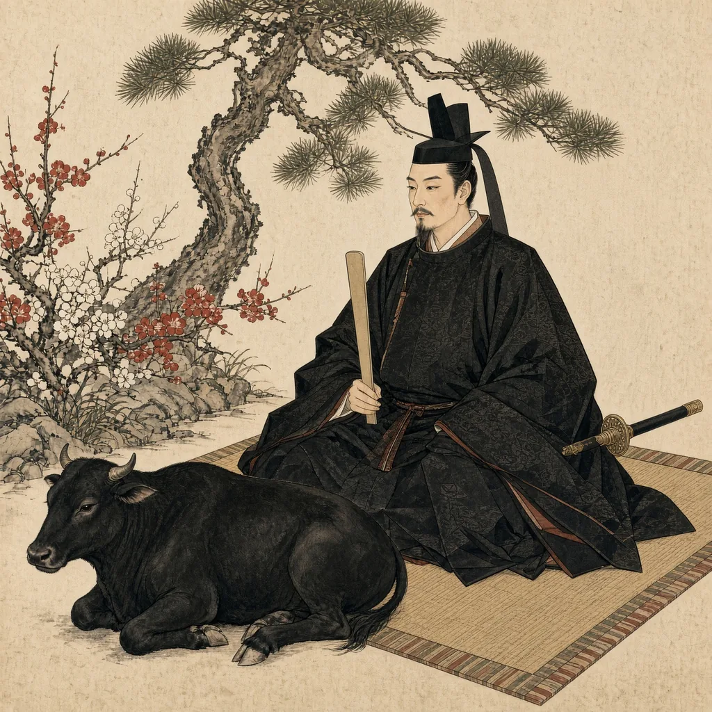 繧繝縁の畳に座る束帯姿の菅原道真(天神さま)。手に笏を持ち、前に黒い牛が伏し、背後に紅白の梅と老松が描かれている