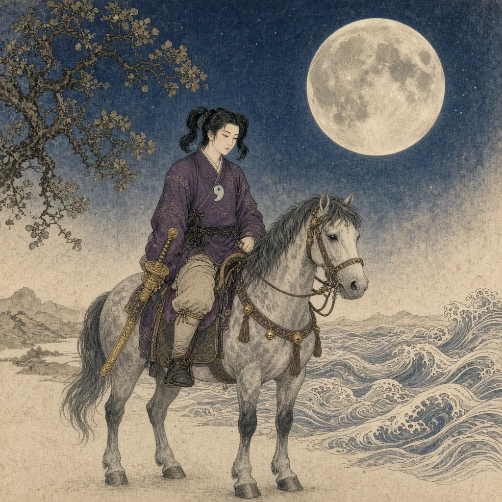 満月の夜、鈴の馬具をつけた葦毛の馬に乗る月読命。腰に太刀を佩き、足もとには銀色の波が寄せている